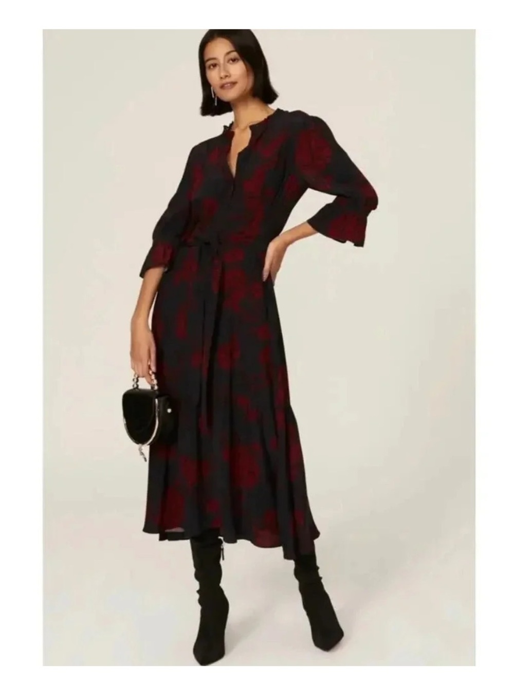 Midi Dress with Red Floral Print on Black